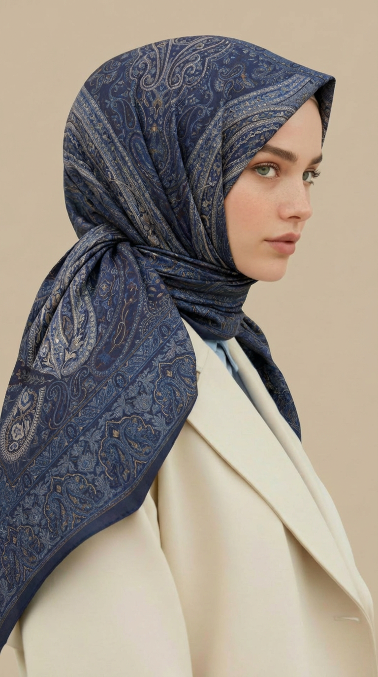 Karaca Eşarp ŞAL EŞARP ETNİK DESEN 120 * 120 CM COTTON ŞAL EŞARP -  LACİVERT / KREM 