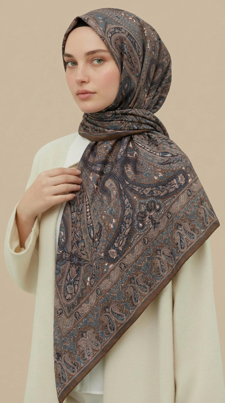 Karaca Eşarp ŞAL EŞARP ETNİK DESEN 120 * 120 CM COTTON ŞAL EŞARP - KAHVERENGİ / YEŞİL