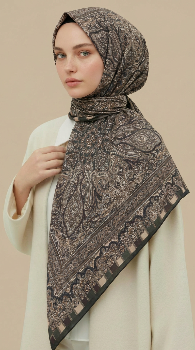 Karaca Eşarp ŞAL EŞARP ETNİK DESEN 120 CM COTTON ŞAL EŞARP - HAKİ