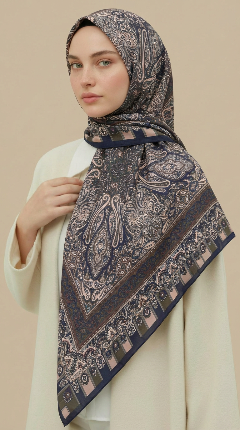 Karaca Eşarp ŞAL EŞARP ETNİK DESEN 120 CM COTTON ŞAL EŞARP - KAHVERENGİ / LACİVERT