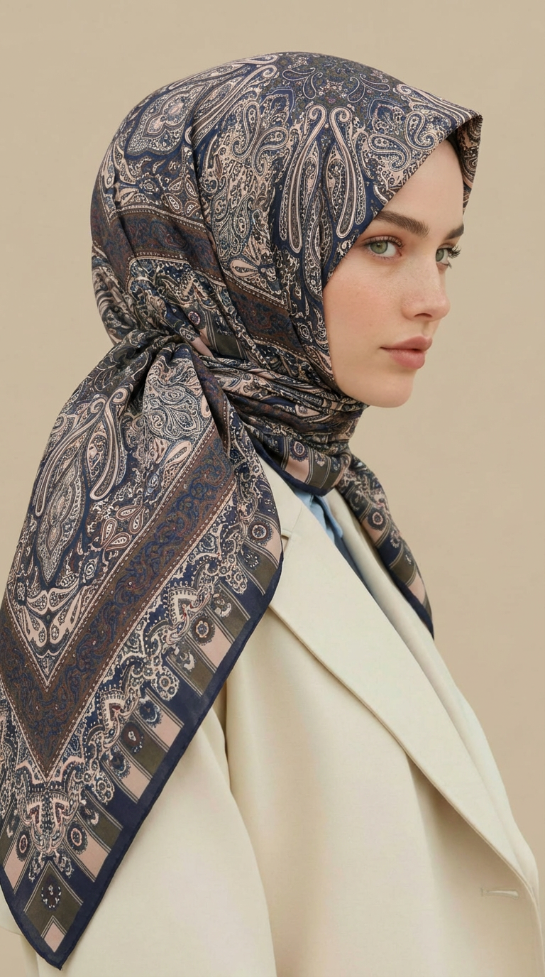 Karaca Eşarp ŞAL EŞARP ETNİK DESEN 120 CM COTTON ŞAL EŞARP - KAHVERENGİ / LACİVERT