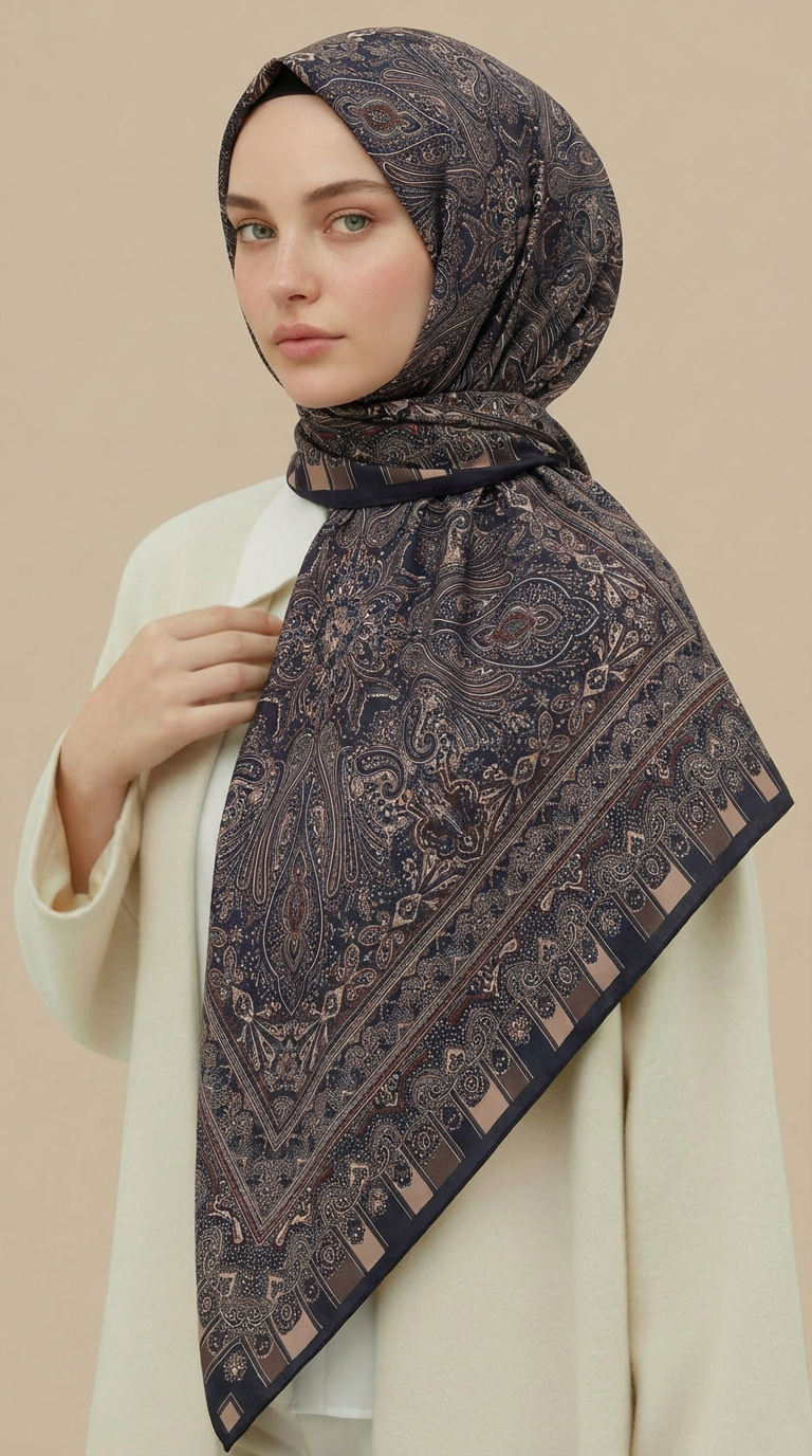 Karaca Eşarp ŞAL EŞARP ETNİK DESEN 120 CM COTTON ŞAL EŞARP - KAHVERENGİ / LACİVERT