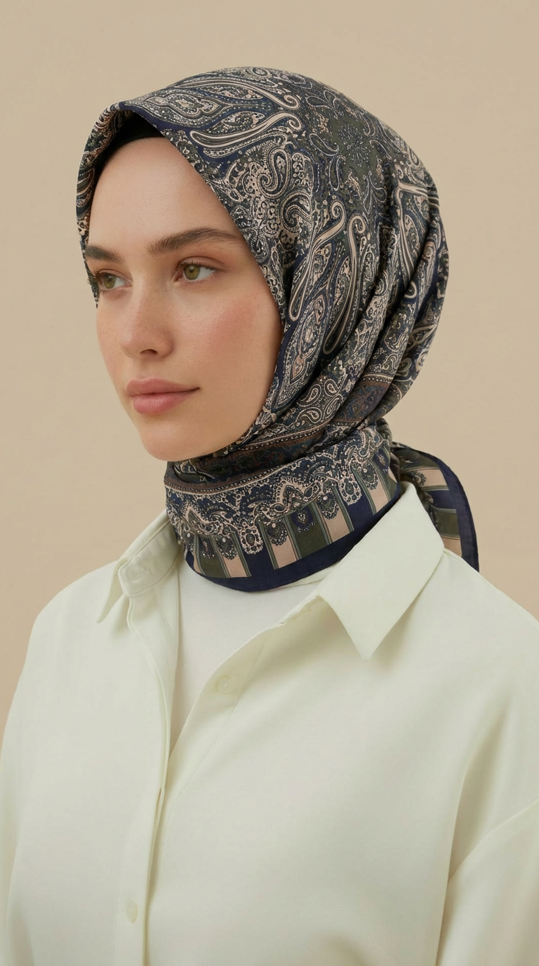 Karaca Eşarp ŞAL EŞARP ETNİK DESEN 120 CM COTTON ŞAL EŞARP - KAHVERENGİ / LACİVERT