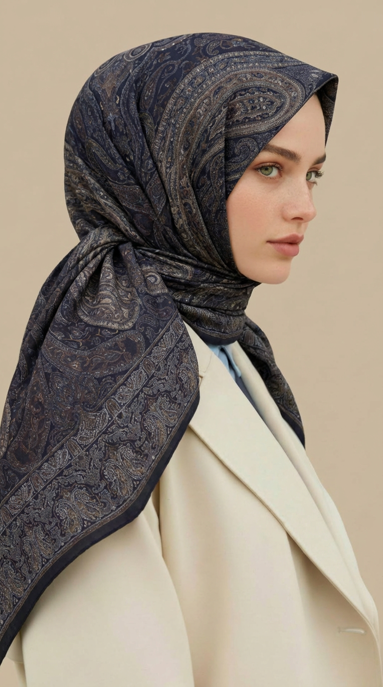 Karaca Eşarp ŞAL EŞARP ETNİK DESEN 120 CM COTTON ŞAL EŞARP - LACİVERT / KAHVERENGİ 