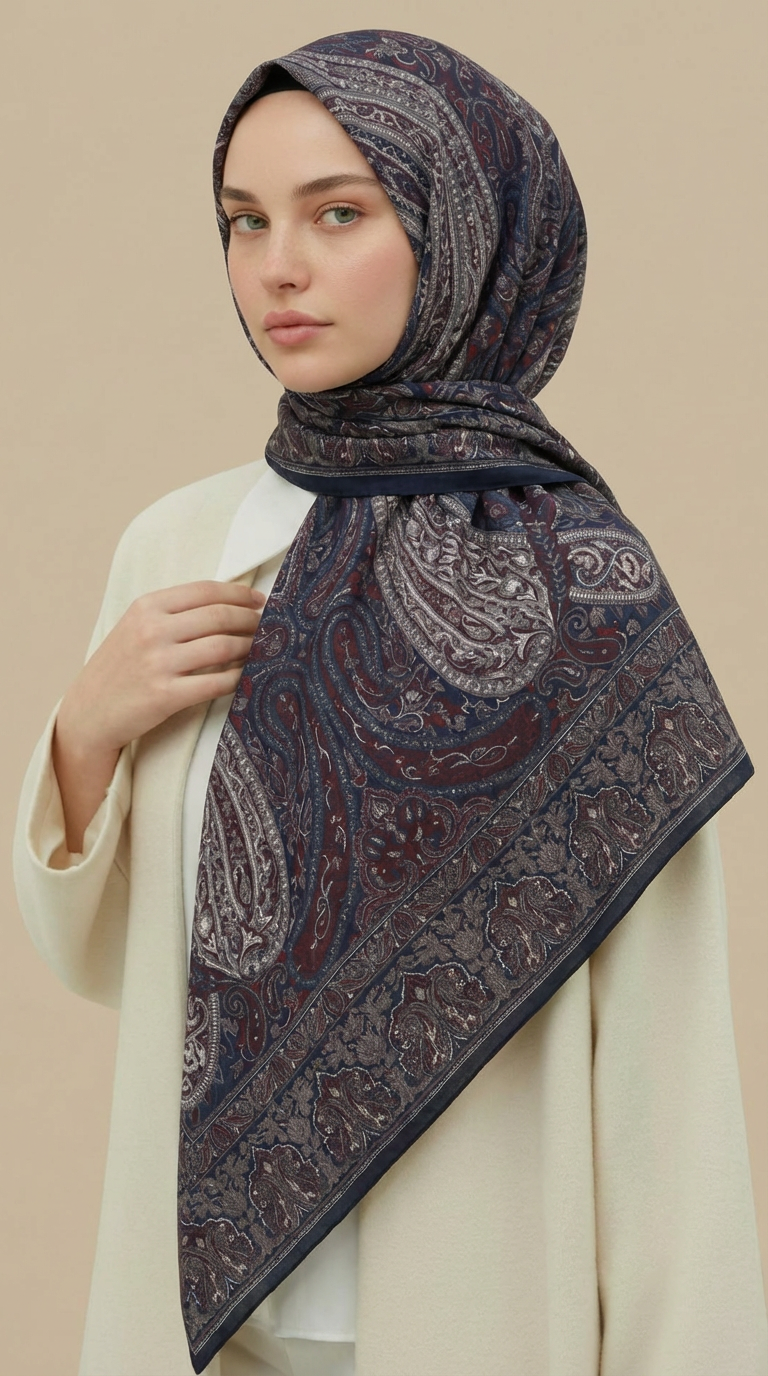 Karaca Eşarp ŞAL EŞARP ETNİK DESEN 120 CM COTTON ŞAL EŞARP - LACİVERT / BORDO