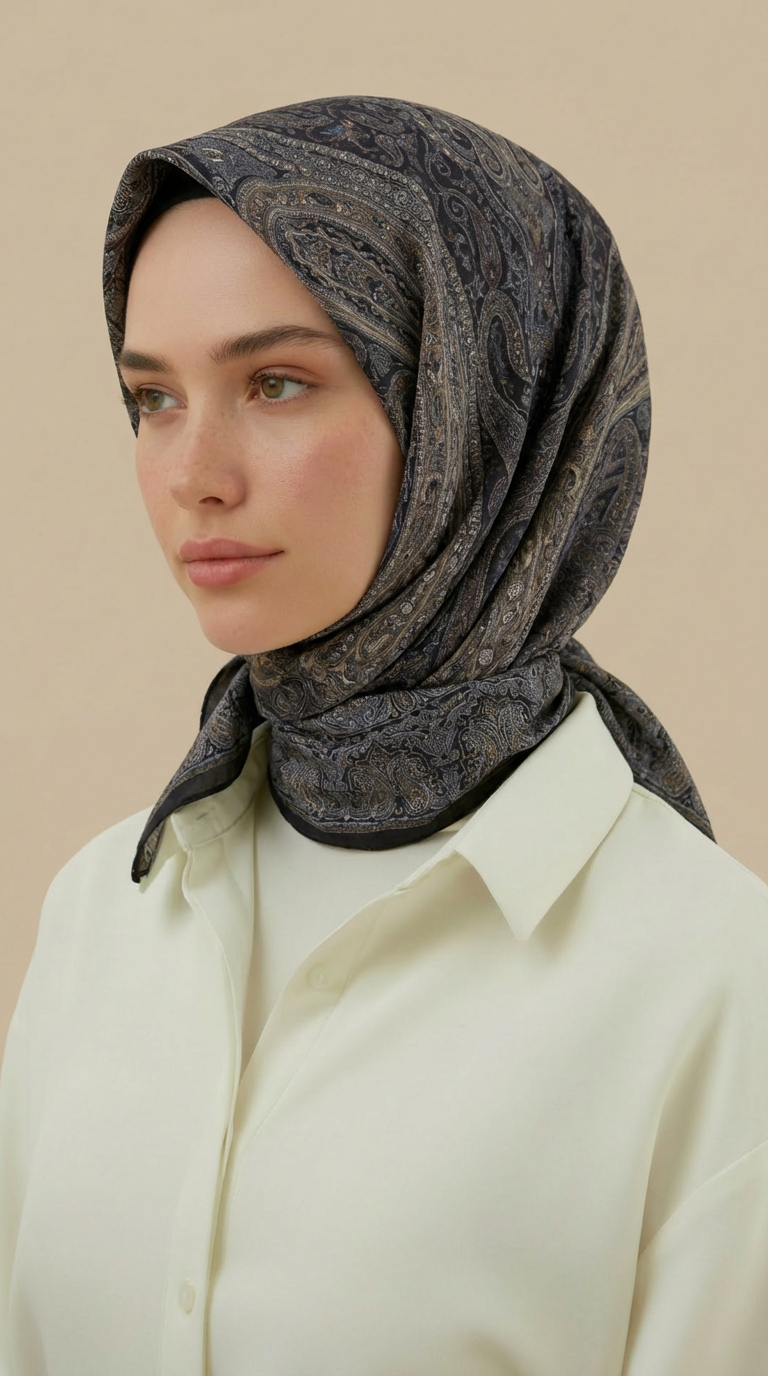 Karaca Eşarp ŞAL EŞARP ETNİK DESEN 120 CM COTTON ŞAL EŞARP - LACİVERT / KAHVERENGİ 
