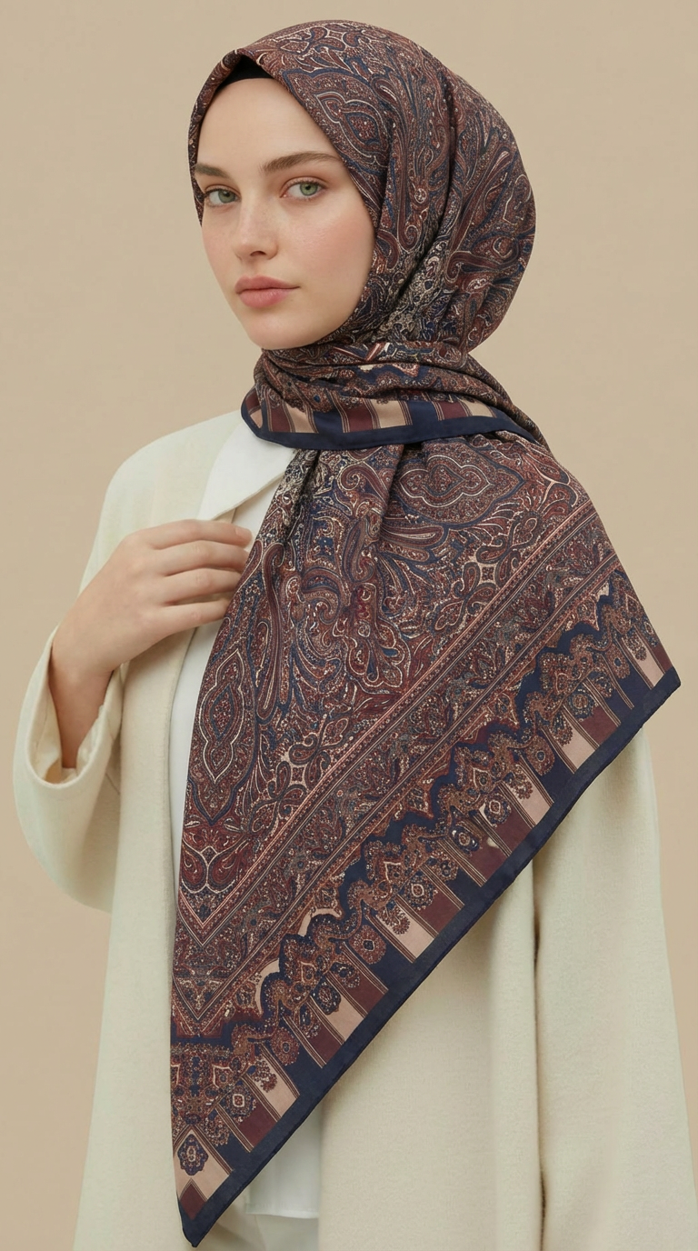 Karaca Eşarp ŞAL EŞARP ETNİK DESEN 120 CM COTTON ŞAL EŞARP - LACİVERT / BORDO