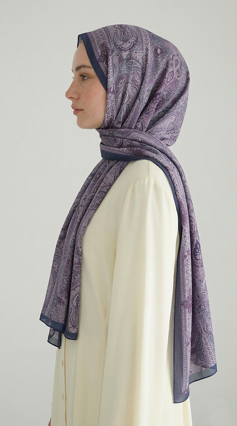 Karaca EşarpJORJET KUMAŞETNİK DESEN COTTON ŞAL - LACİVERT / LİLA 