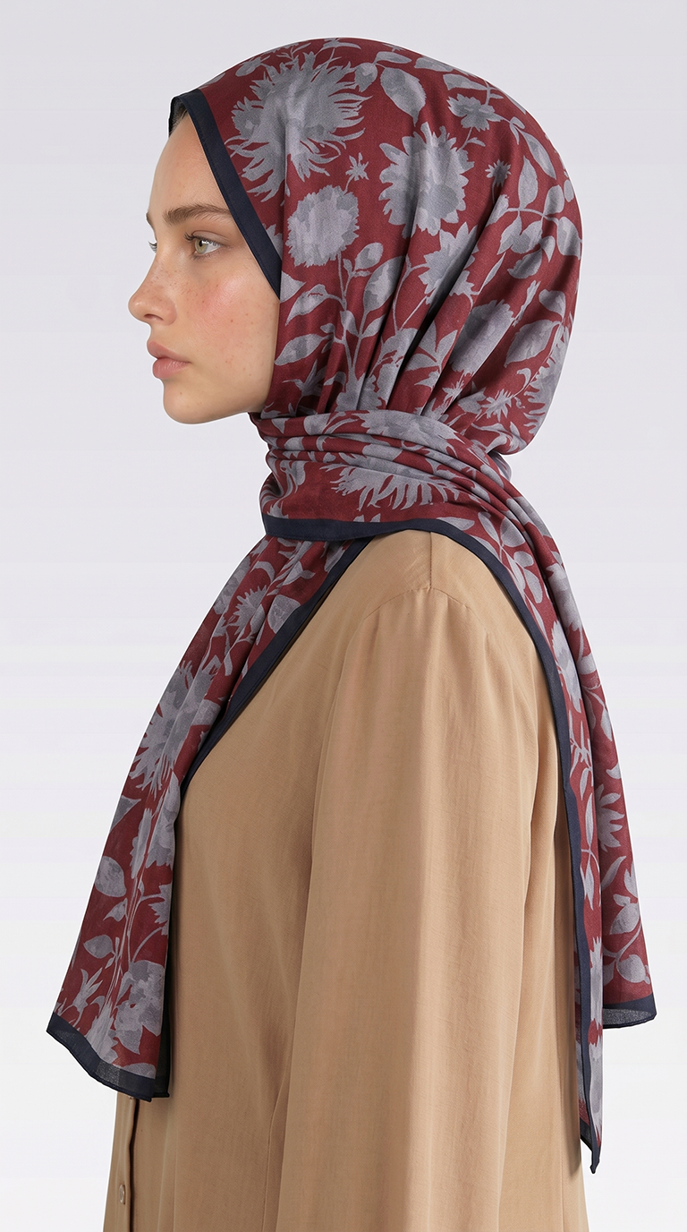 Karaca EşarpCOTTON ŞAL FLORA DESENLİ COTTON ŞAL - GRİ / BORDO