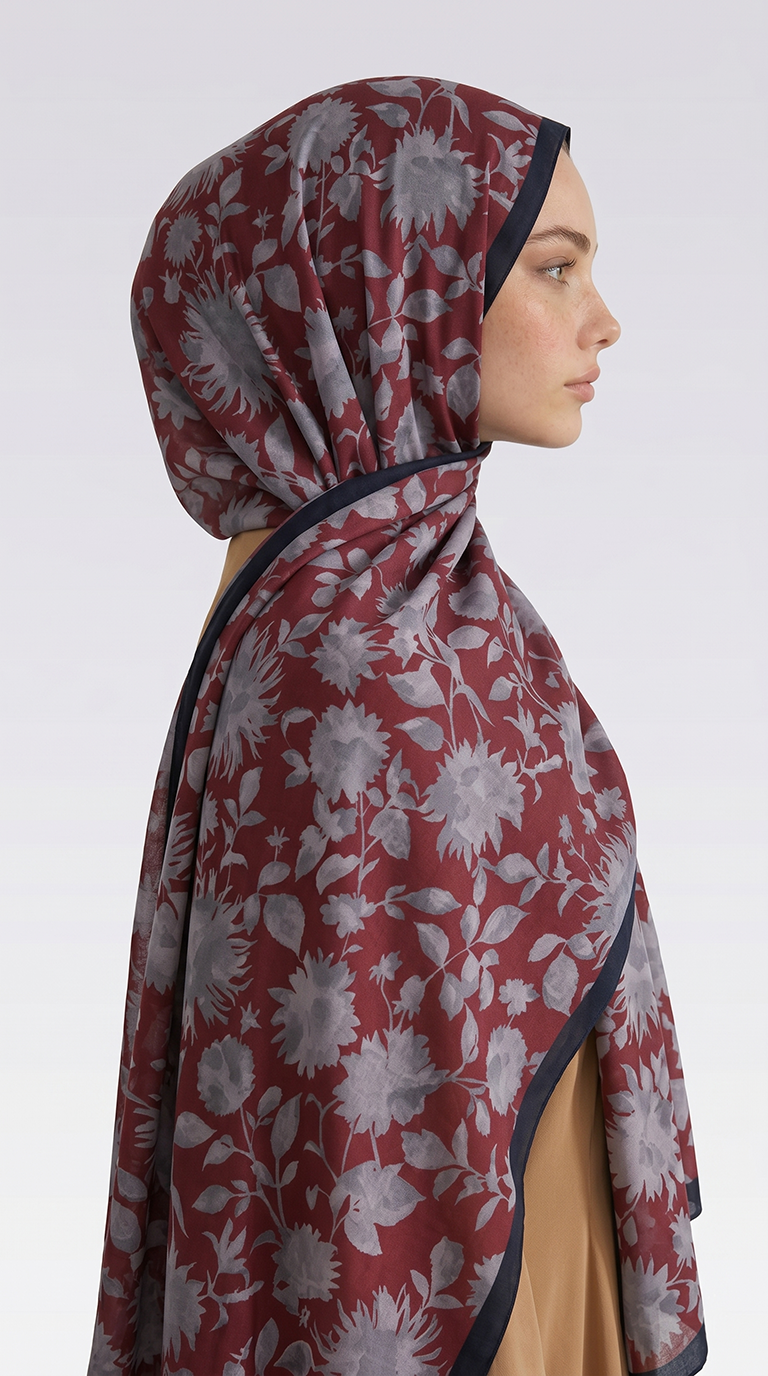 Karaca EşarpCOTTON ŞAL FLORA DESENLİ COTTON ŞAL - GRİ / BORDO