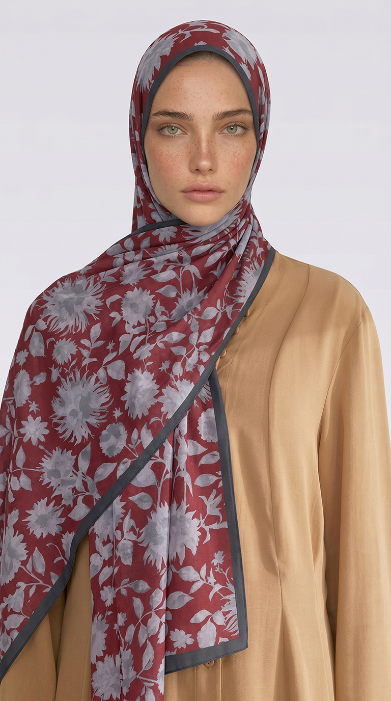 Karaca EşarpCOTTON ŞAL FLORA DESENLİ COTTON ŞAL - GRİ / BORDO