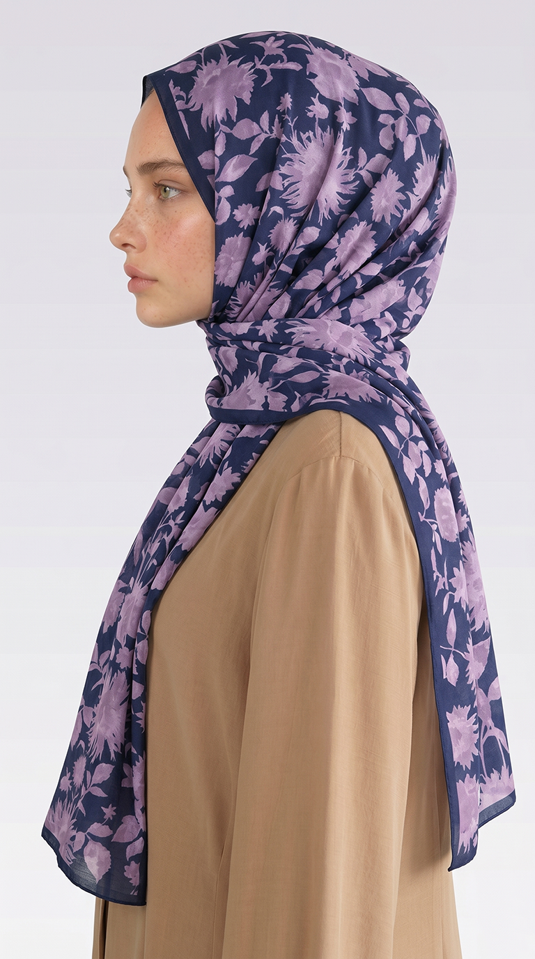 Karaca EşarpCOTTON ŞAL FLORA DESENLİ COTTON ŞAL - LACİVERT / LİLA 