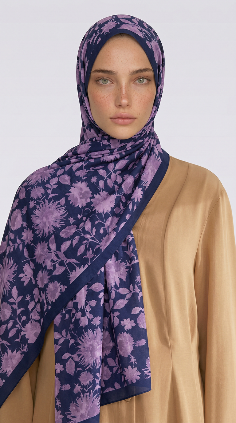 Karaca EşarpCOTTON ŞAL FLORA DESENLİ COTTON ŞAL - LACİVERT / LİLA 