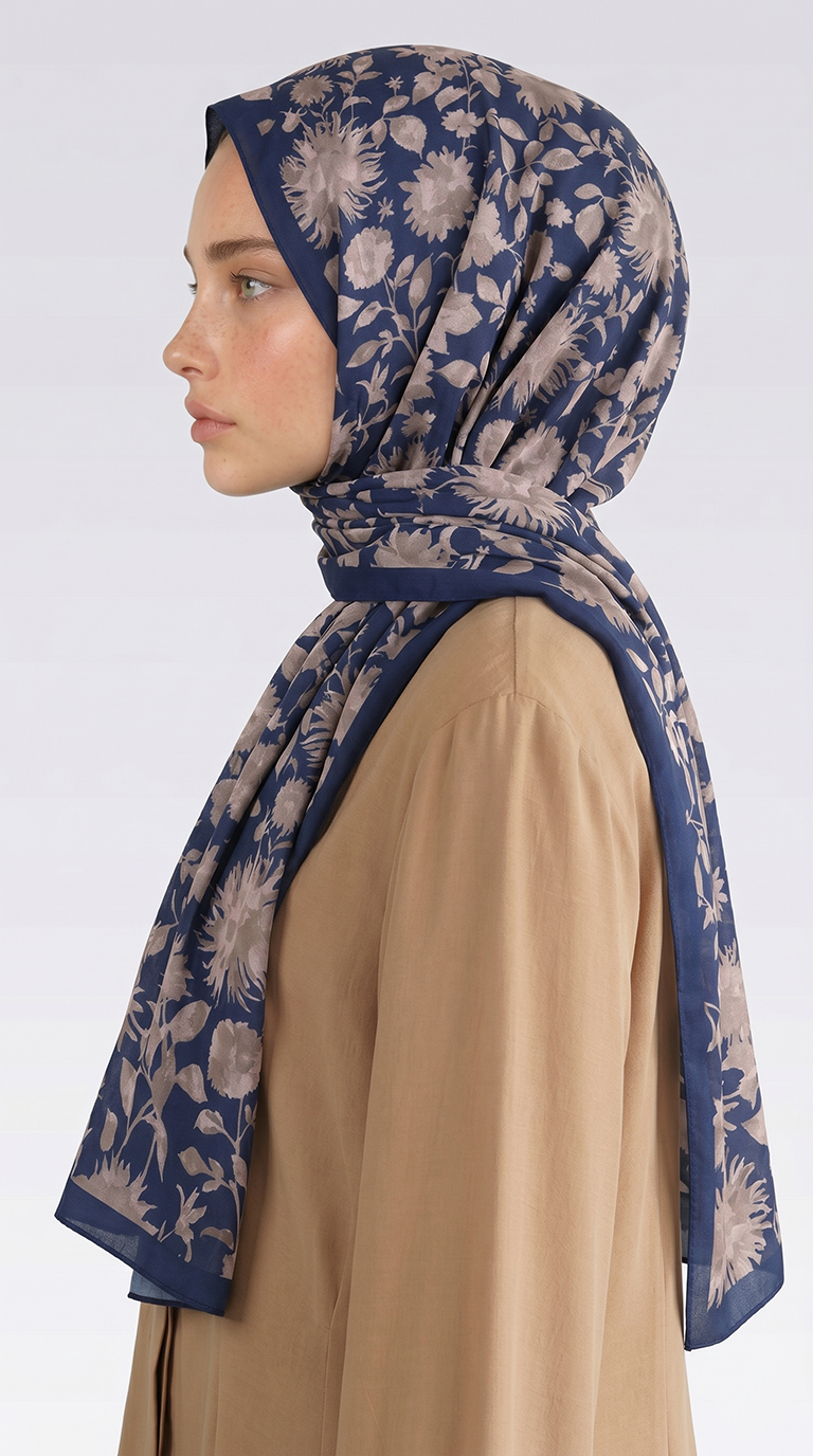 Karaca EşarpCOTTON ŞAL FLORA DESENLİ COTTON ŞAL - LAİCVERT / KREM 