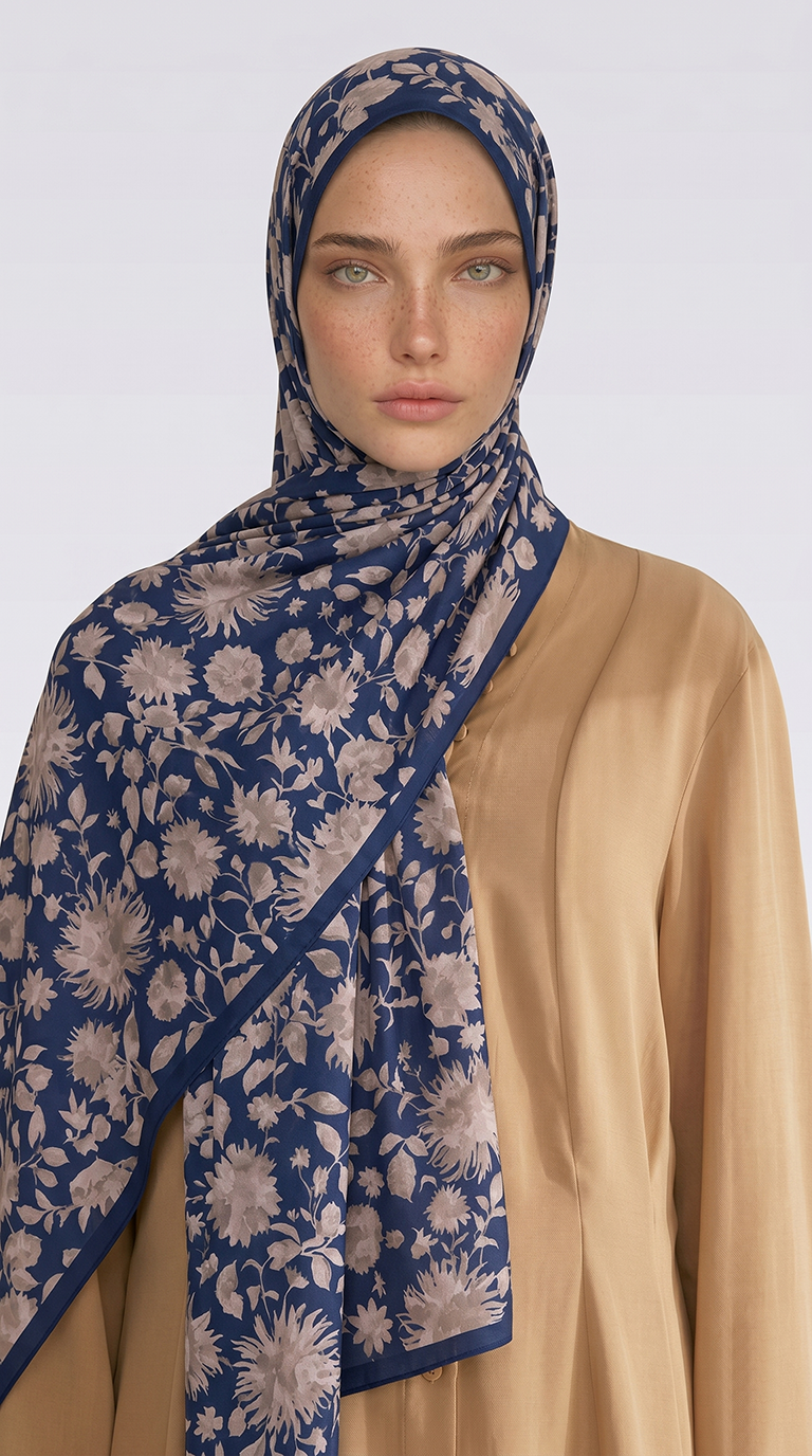 Karaca EşarpCOTTON ŞAL FLORA DESENLİ COTTON ŞAL - LAİCVERT / KREM 