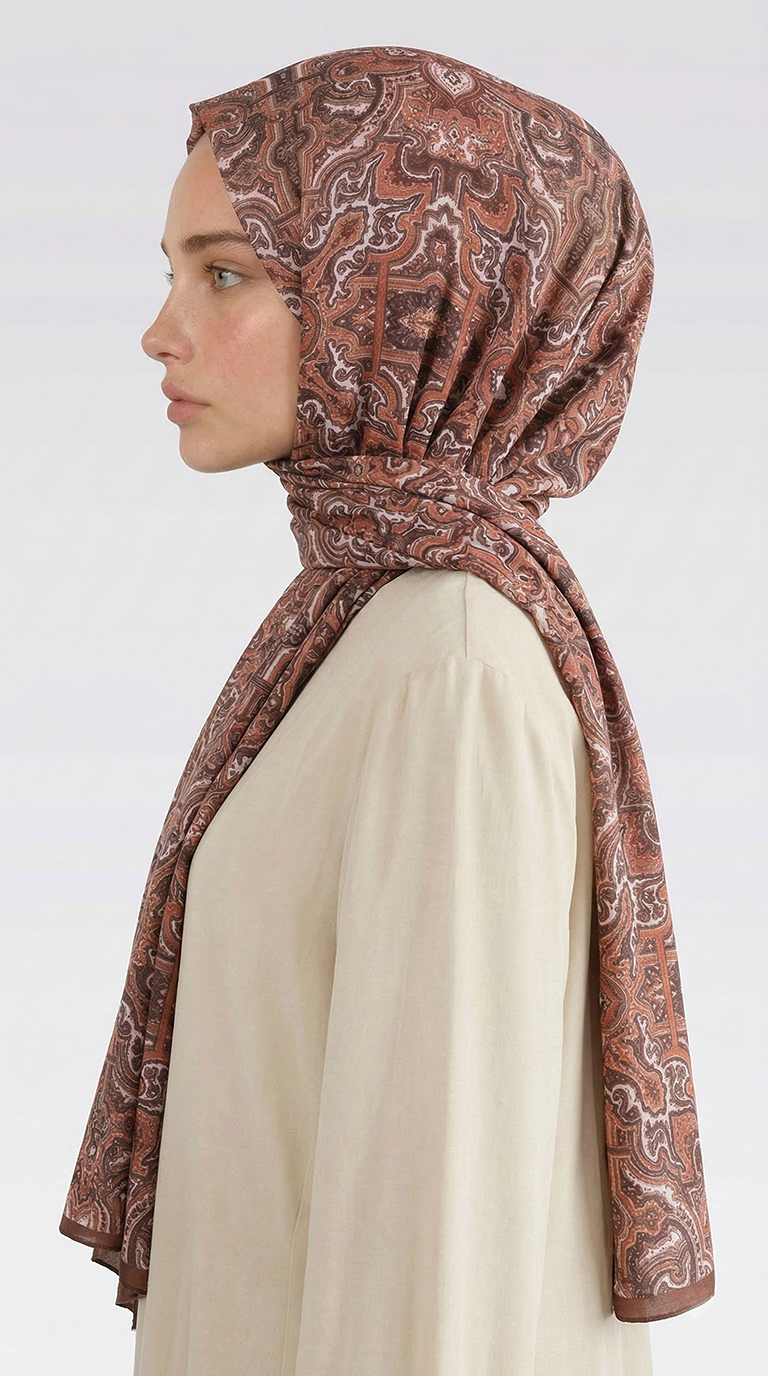 Karaca EşarpCOTTON ŞAL LARA MOTİF DESENLİ COTTON ŞAL - KAHVERENGİ/ KİREMİT
