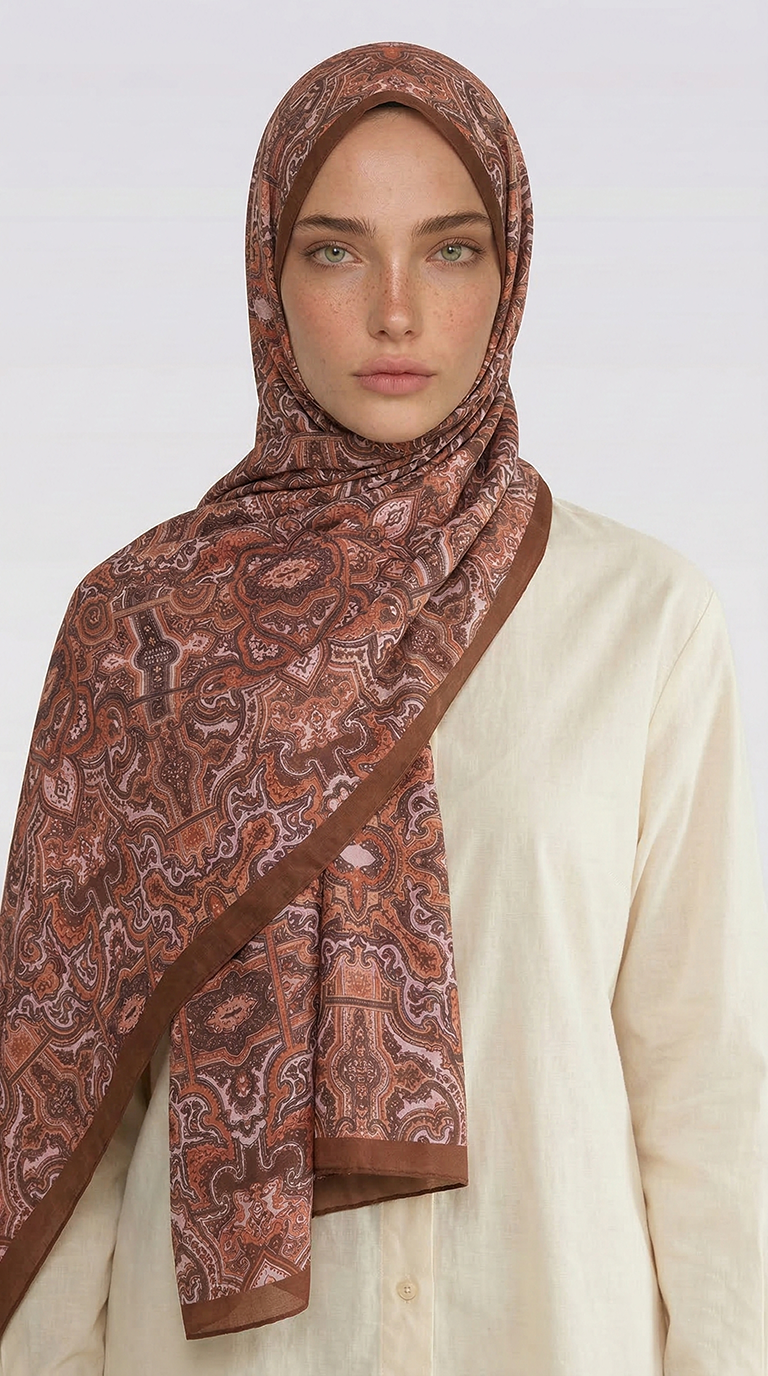 Karaca EşarpCOTTON ŞAL LARA MOTİF DESENLİ COTTON ŞAL - KAHVERENGİ/ KİREMİT