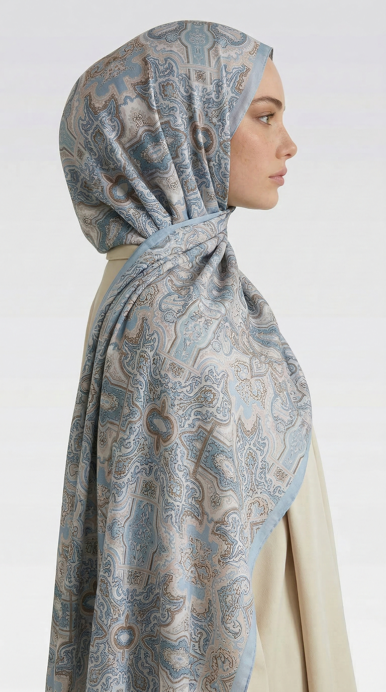 Karaca EşarpCOTTON ŞAL LARA MOTİF DESENLİ COTTON ŞAL - KREM / BUZ MAVİSİ