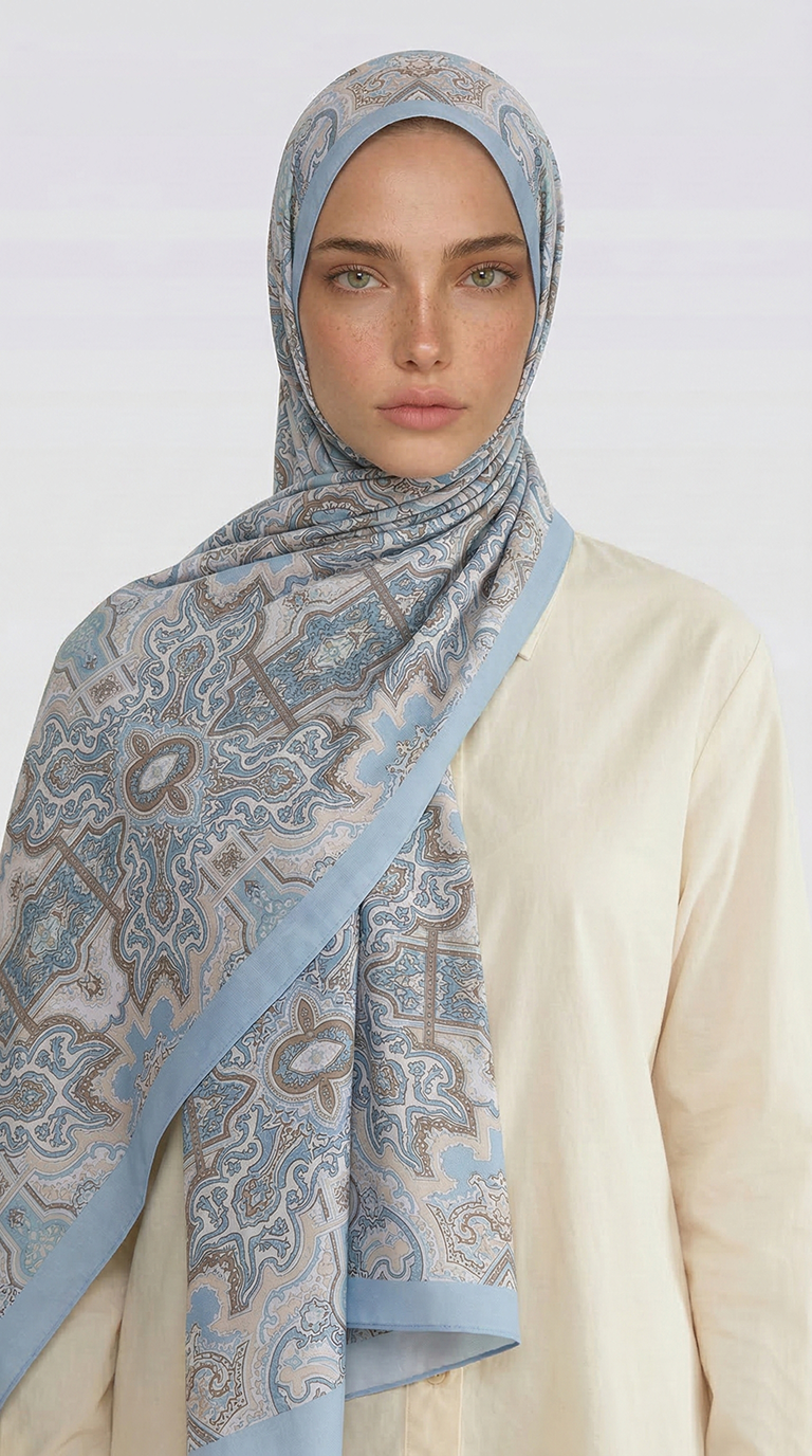Karaca EşarpCOTTON ŞAL LARA MOTİF DESENLİ COTTON ŞAL - KREM / BUZ MAVİSİ