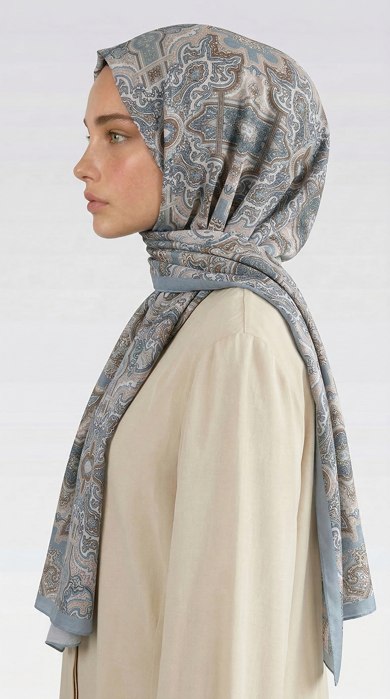 Karaca EşarpCOTTON ŞAL LARA MOTİF DESENLİ COTTON ŞAL - KREM / BUZ MAVİSİ