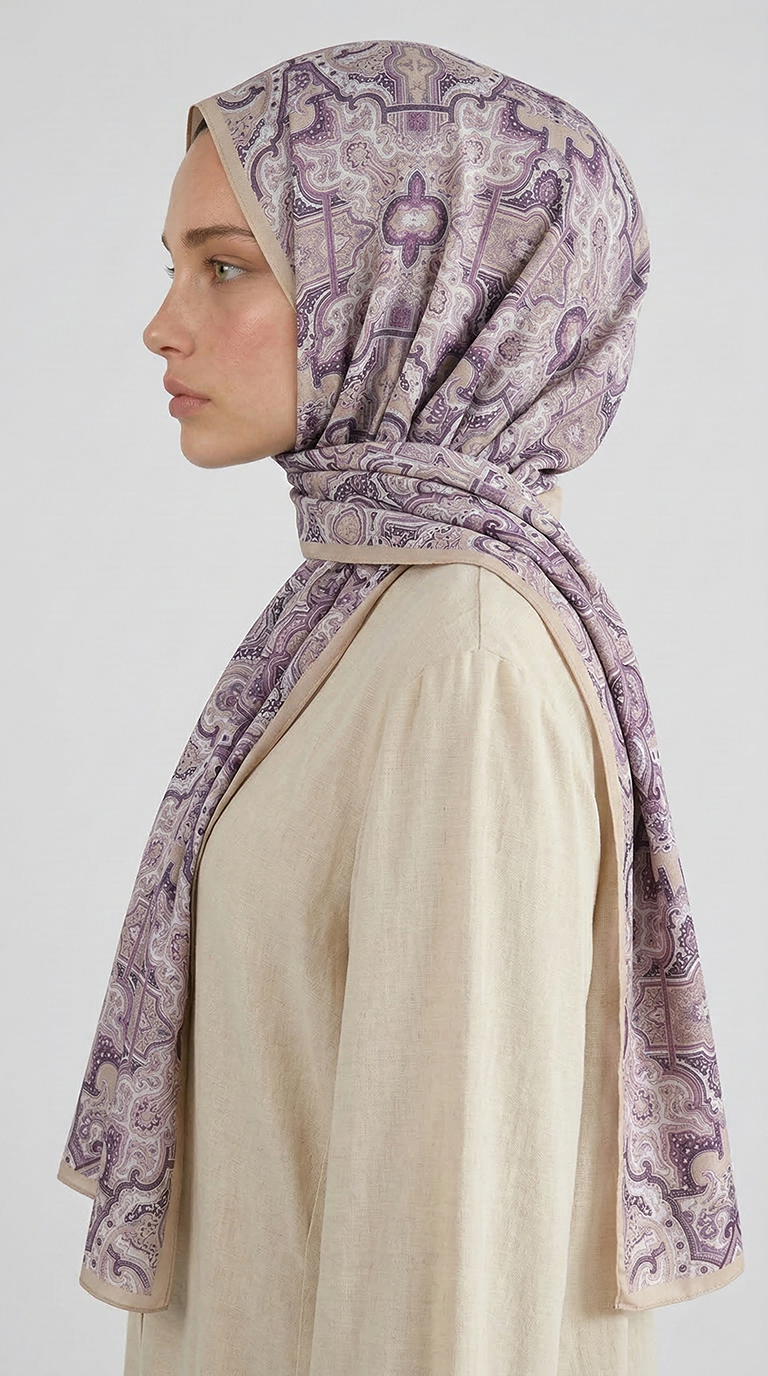 Karaca EşarpCOTTON ŞAL LARA MOTİF DESENLİ COTTON ŞAL - KREM / LİLA