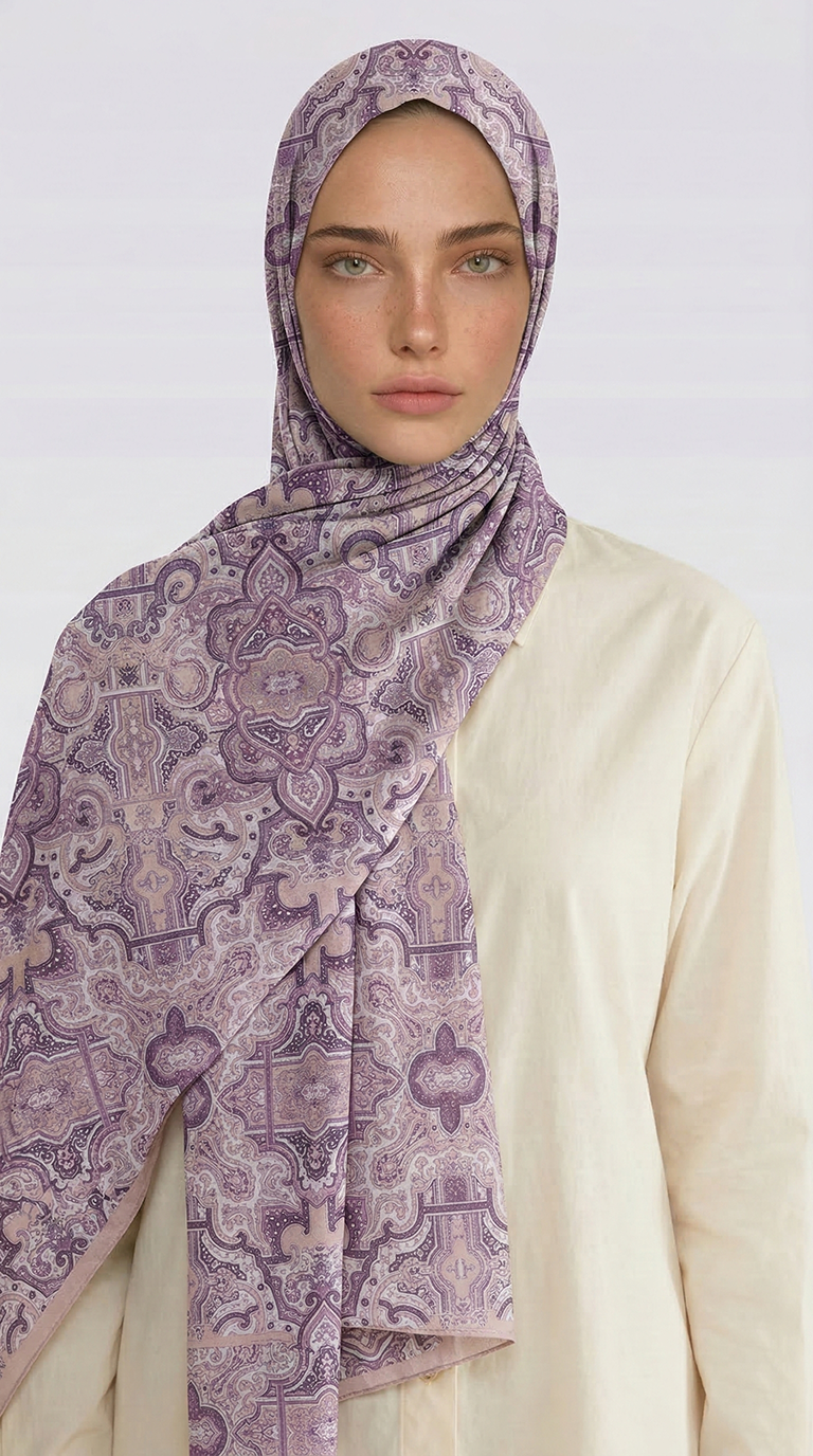 Karaca EşarpCOTTON ŞAL LARA MOTİF DESENLİ COTTON ŞAL - KREM / LİLA