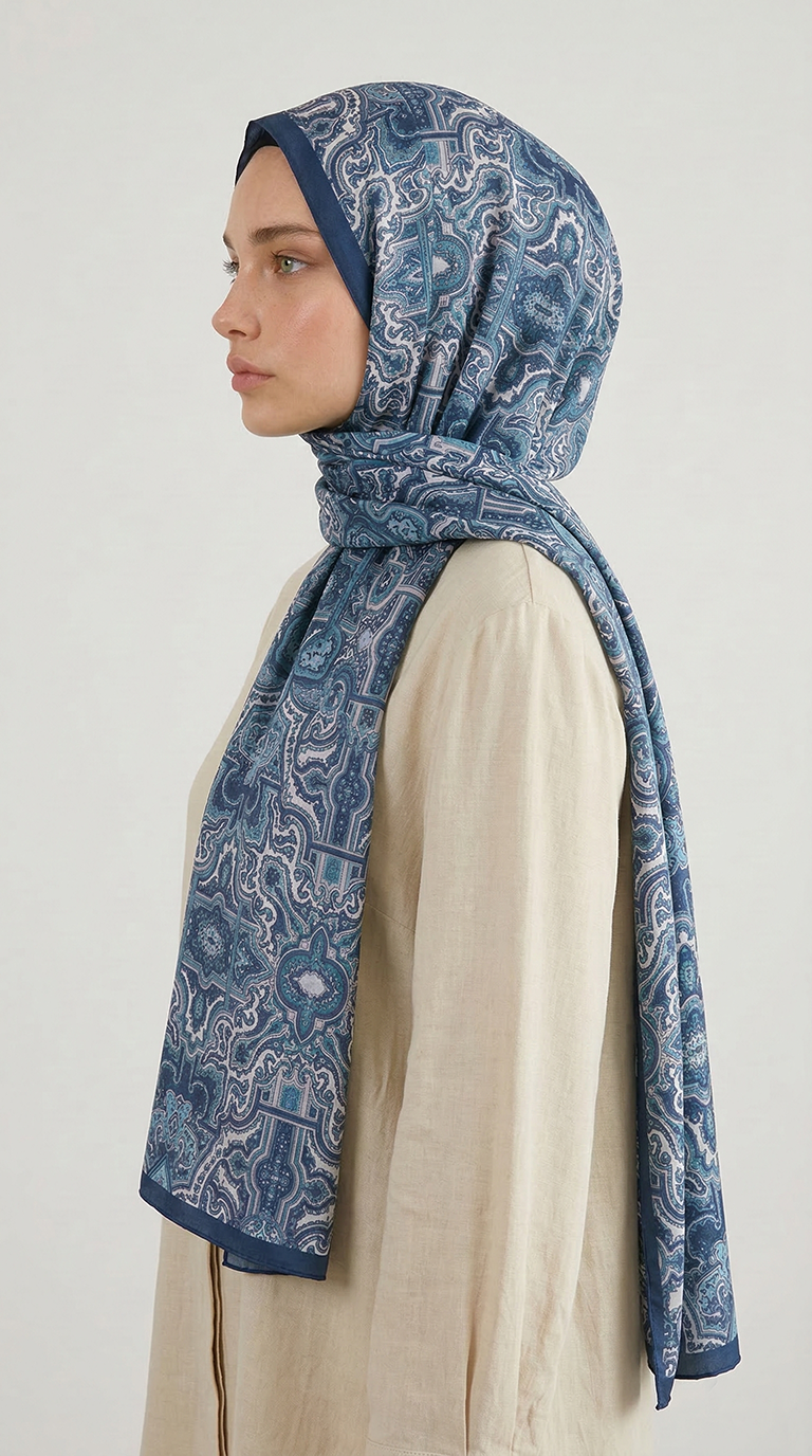 Karaca EşarpCOTTON ŞAL LARA MOTİF DESENLİ COTTON ŞAL - LACİVERT / BEYAZ