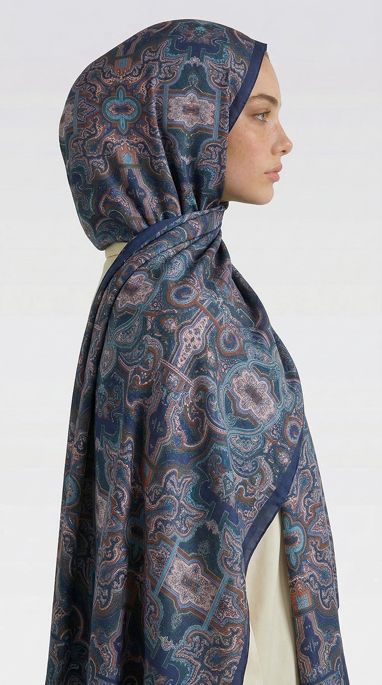 Karaca EşarpCOTTON ŞAL LARA MOTİF DESENLİ COTTON ŞAL - LACİVERT / KİREMİT