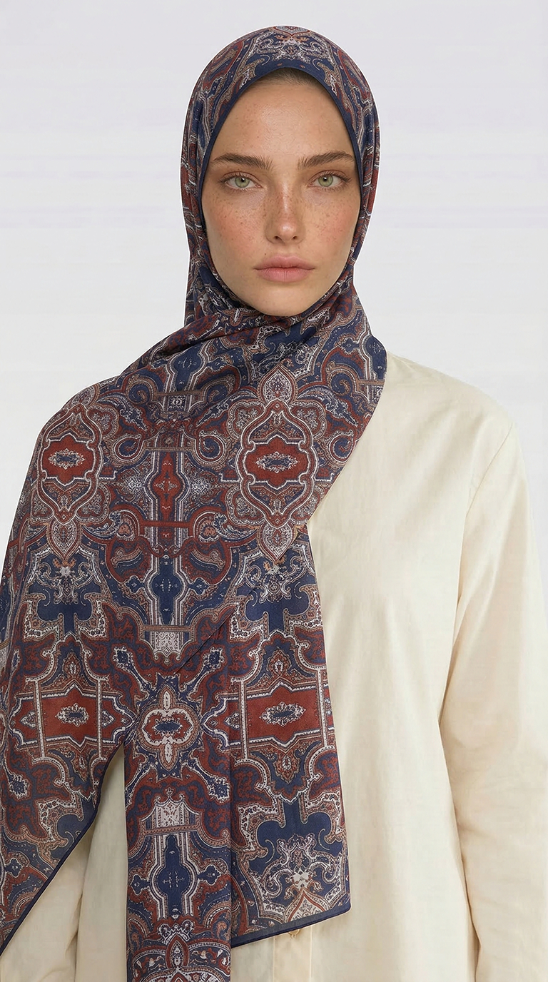 Karaca EşarpCOTTON ŞAL LARA MOTİF DESENLİ COTTON ŞAL - LACİVERT /KIRMIZI