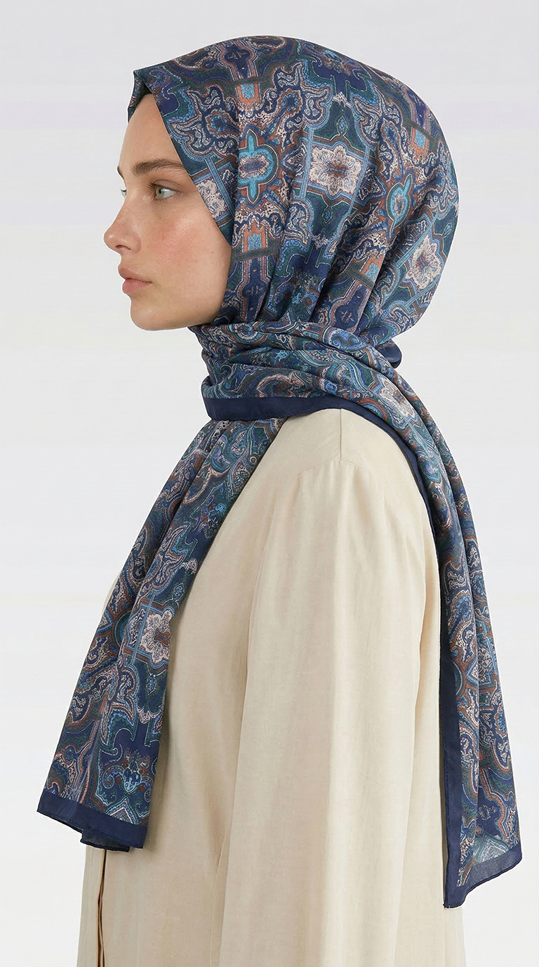 Karaca EşarpCOTTON ŞAL LARA MOTİF DESENLİ COTTON ŞAL - LACİVERT / KİREMİT