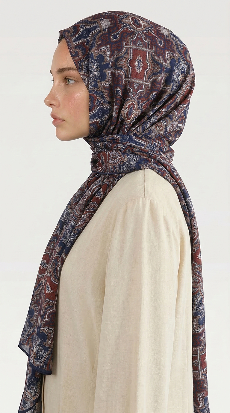 Karaca EşarpCOTTON ŞAL LARA MOTİF DESENLİ COTTON ŞAL - LACİVERT /KIRMIZI