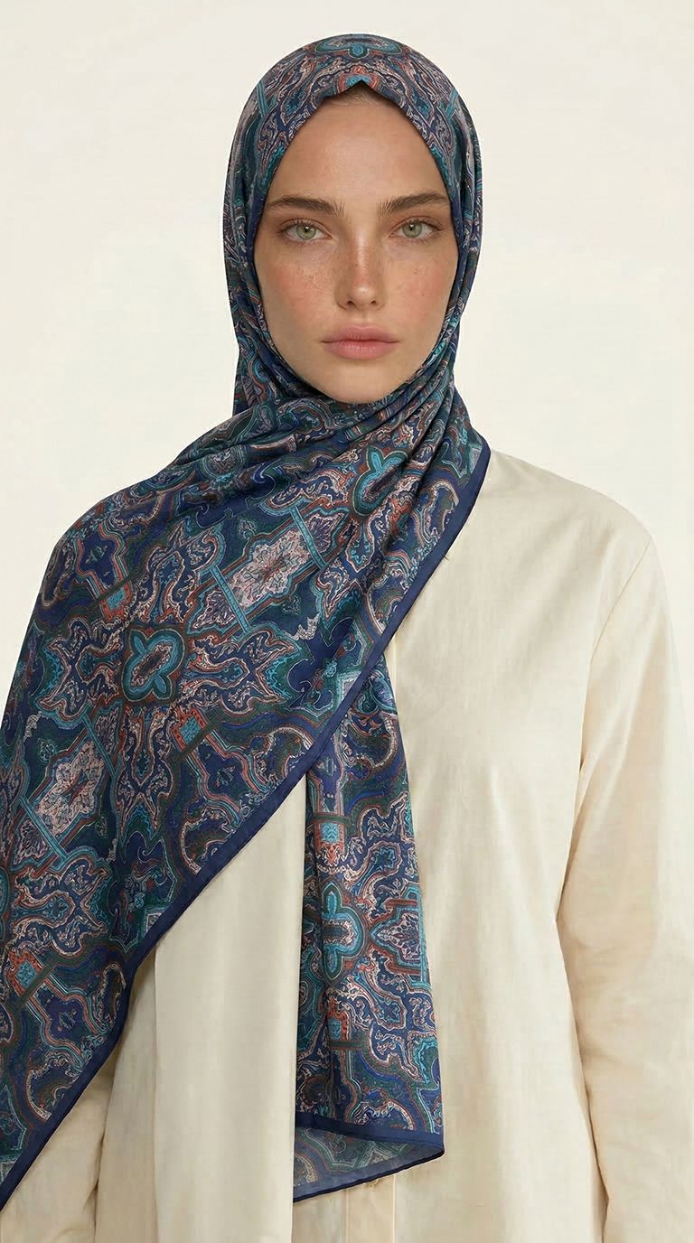 Karaca EşarpCOTTON ŞAL LARA MOTİF DESENLİ COTTON ŞAL - LACİVERT / KİREMİT