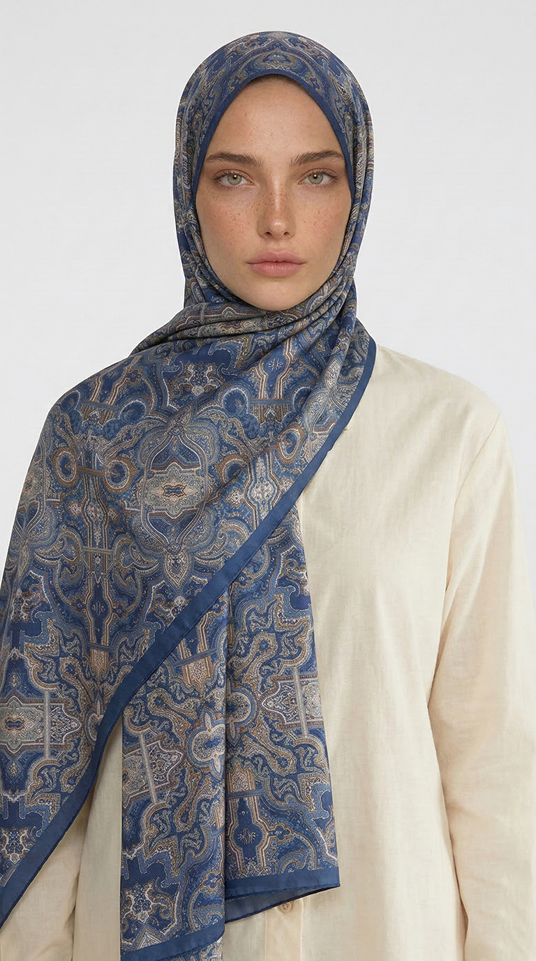 Karaca EşarpCOTTON ŞAL LARA MOTİF DESENLİ COTTON ŞAL - LACİVERT / VİZON