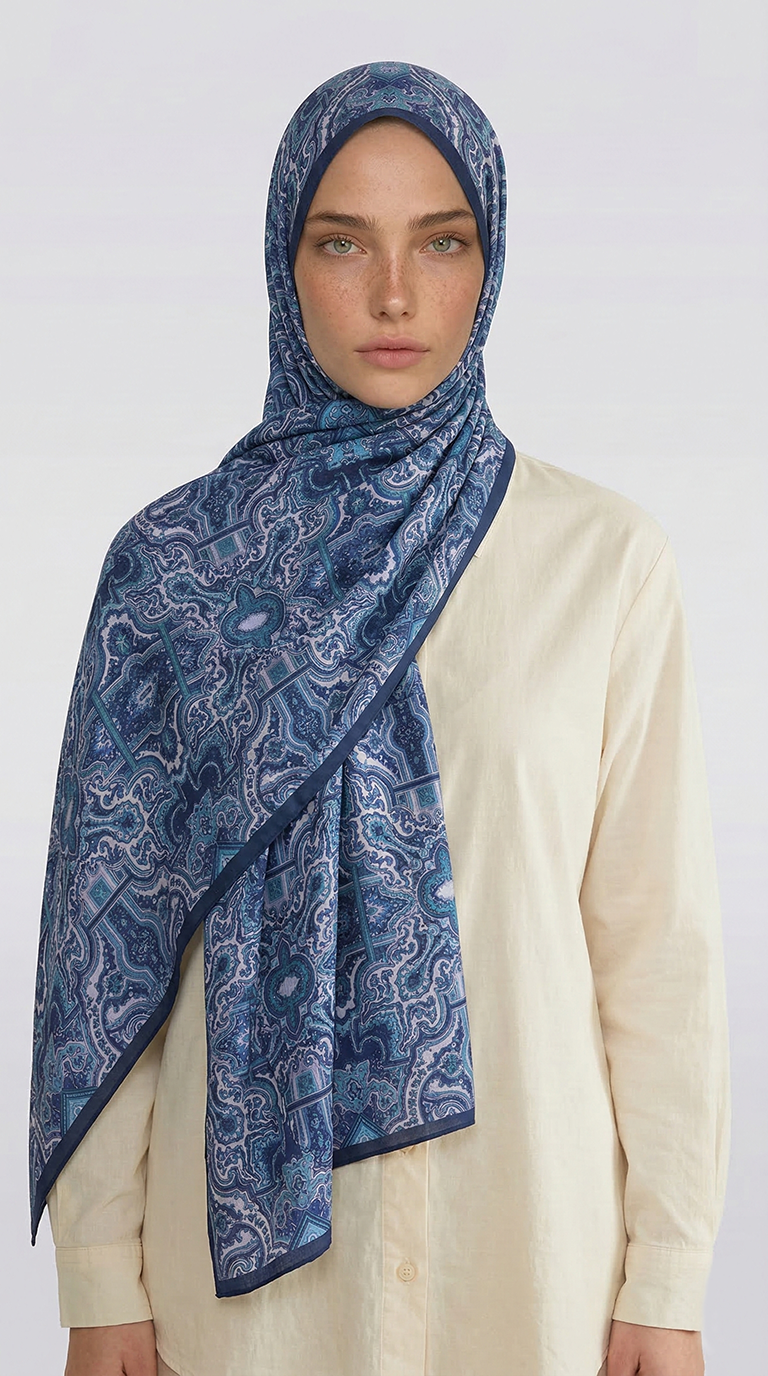 Karaca EşarpCOTTON ŞAL LARA MOTİF DESENLİ COTTON ŞAL - LACİVERT / BEYAZ