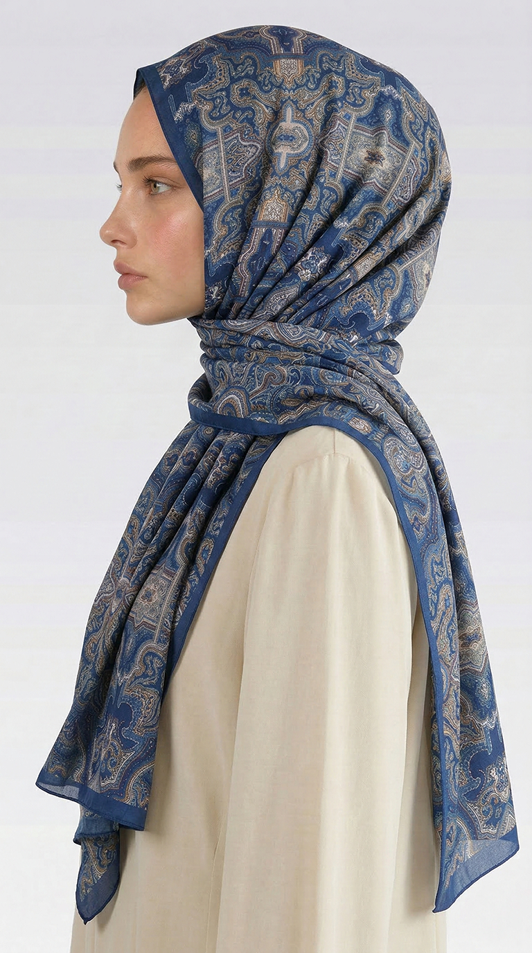 Karaca EşarpCOTTON ŞAL LARA MOTİF DESENLİ COTTON ŞAL - LACİVERT / VİZON