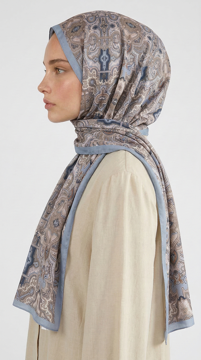 Karaca EşarpCOTTON ŞAL LARA MOTİF DESENLİ COTTON ŞAL -  MAVİ / EKRU