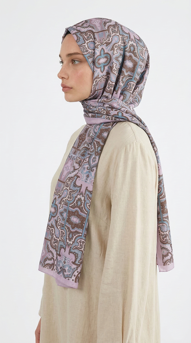 Karaca EşarpCOTTON ŞAL LARA MOTİF DESENLİ COTTON ŞAL - MAVİ / PUDRA