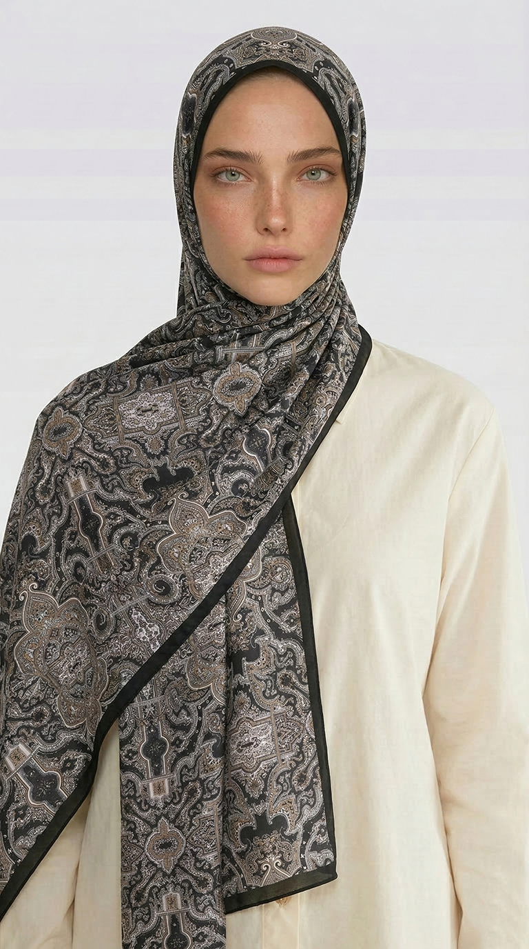 Karaca EşarpCOTTON ŞAL LARA MOTİF DESENLİ COTTON ŞAL - SİYAH / ANTRASİT GRİ