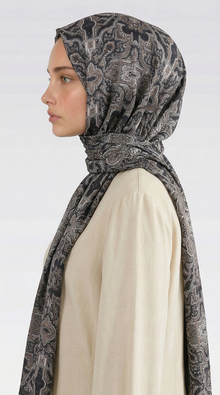 Karaca EşarpCOTTON ŞAL LARA MOTİF DESENLİ COTTON ŞAL - SİYAH / ANTRASİT GRİ