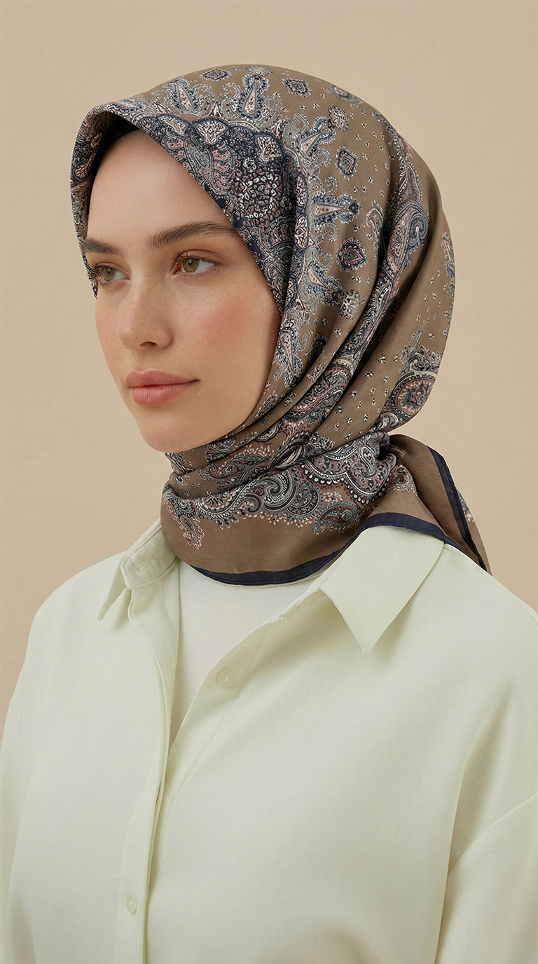 Karaca Eşarp ŞAL EŞARP LAVİNİA DESENLİ 120*120 CM COTTON EŞARP   -VİZON / SİYAH