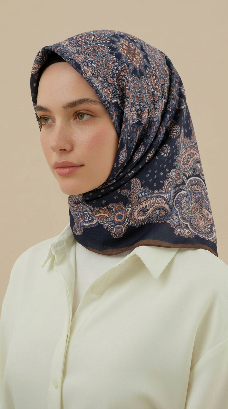 Karaca Eşarp ŞAL EŞARP LAVİNİA DESENLİ 120*120 CM COTTON EŞARP   - LACİVERT / KAHVERENGİ