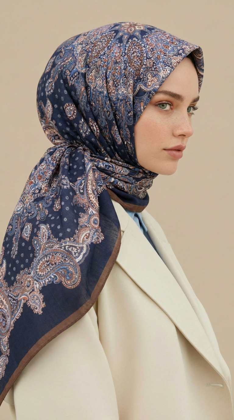 Karaca Eşarp ŞAL EŞARP LAVİNİA DESENLİ 120*120 CM COTTON EŞARP   - LACİVERT / KAHVERENGİ