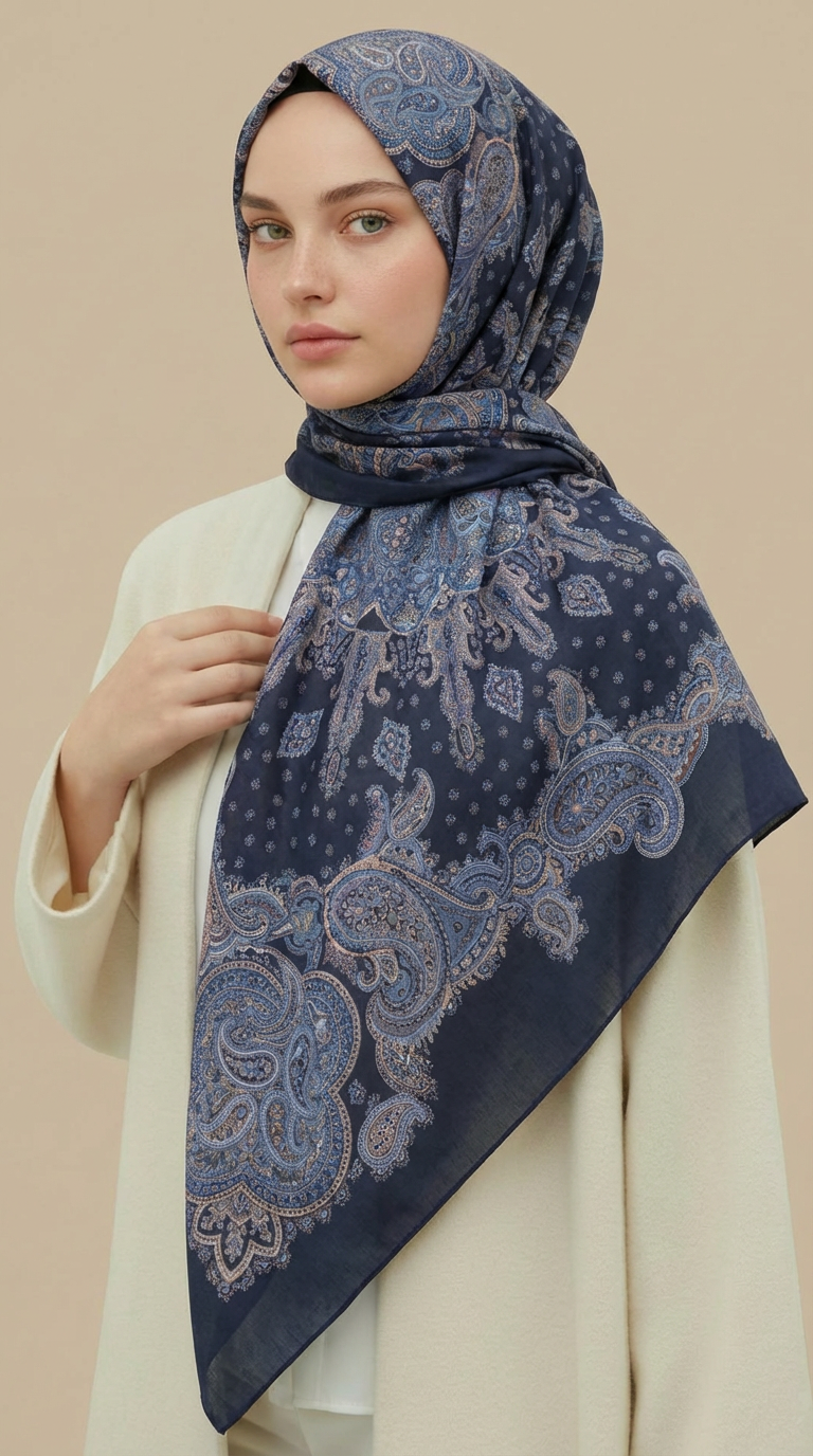 Karaca Eşarp ŞAL EŞARP LAVİNİA DESENLİ 120*120 CM COTTON EŞARP   - LACİVERT