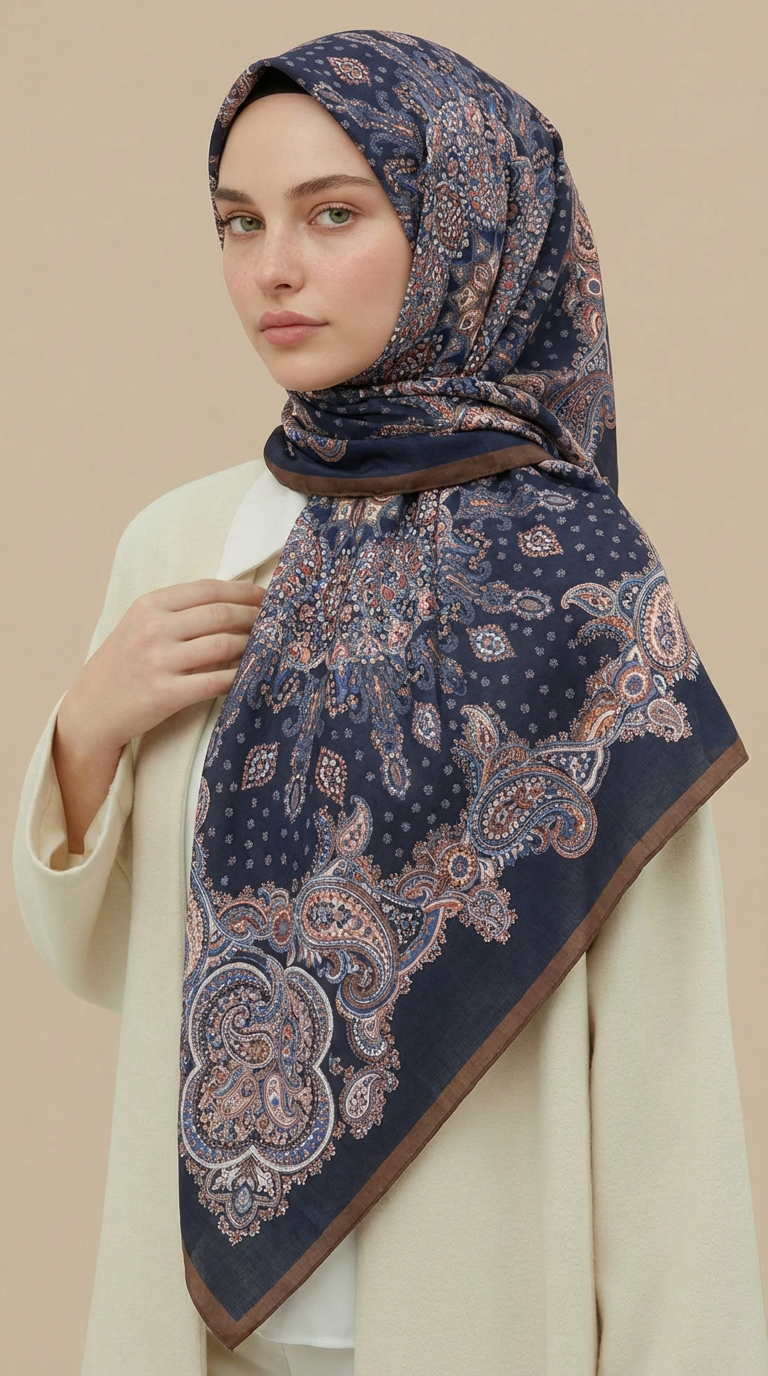 Karaca Eşarp ŞAL EŞARP LAVİNİA DESENLİ 120*120 CM COTTON EŞARP   - LACİVERT / KAHVERENGİ