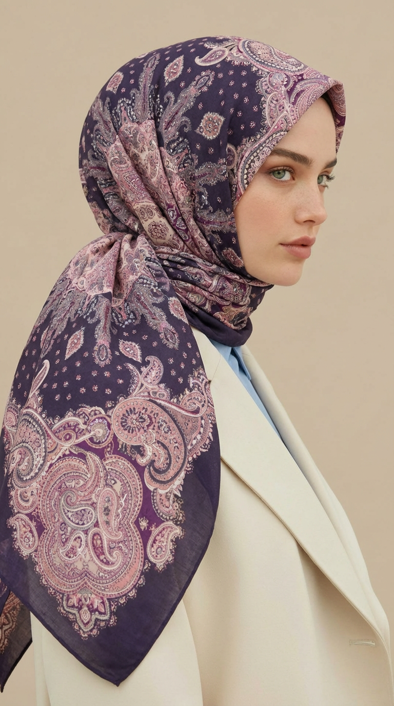 Karaca Eşarp ŞAL EŞARP LAVİNİA DESENLİ 120*120 CM COTTON EŞARP   - MOR