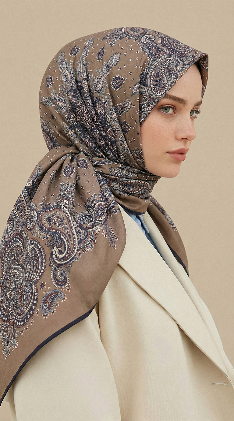 Karaca Eşarp ŞAL EŞARP LAVİNİA DESENLİ 120*120 CM COTTON EŞARP   -VİZON / SİYAH
