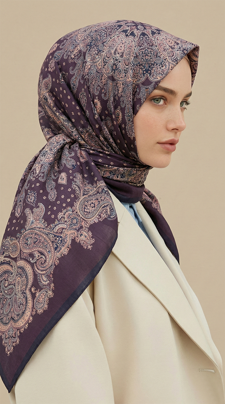 Karaca Eşarp ŞAL EŞARP LAVİNİA DESENLİ 120*120 CM COTTON EŞARP   - LACİVERT / KİREMİT