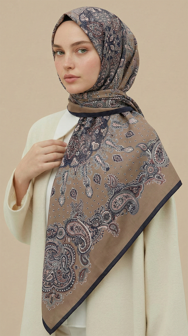 Karaca Eşarp ŞAL EŞARP LAVİNİA DESENLİ 120*120 CM COTTON EŞARP   -VİZON / SİYAH