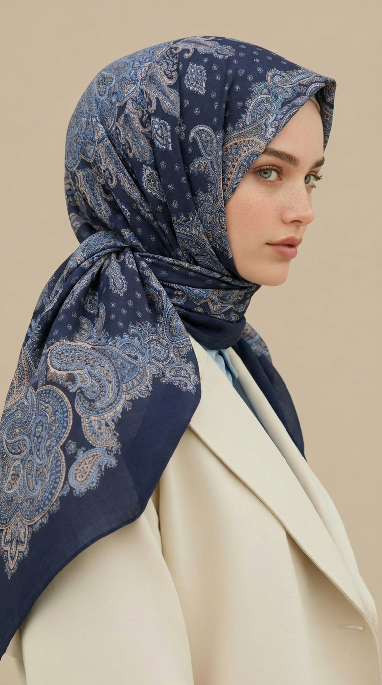 Karaca Eşarp ŞAL EŞARP LAVİNİA DESENLİ 120*120 CM COTTON EŞARP   - LACİVERT