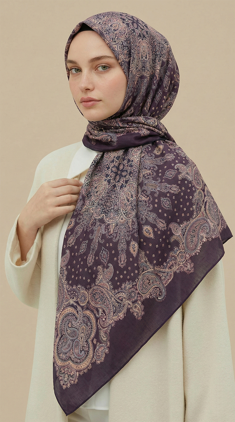 Karaca Eşarp ŞAL EŞARP LAVİNİA DESENLİ 120*120 CM COTTON EŞARP   - LACİVERT / KİREMİT